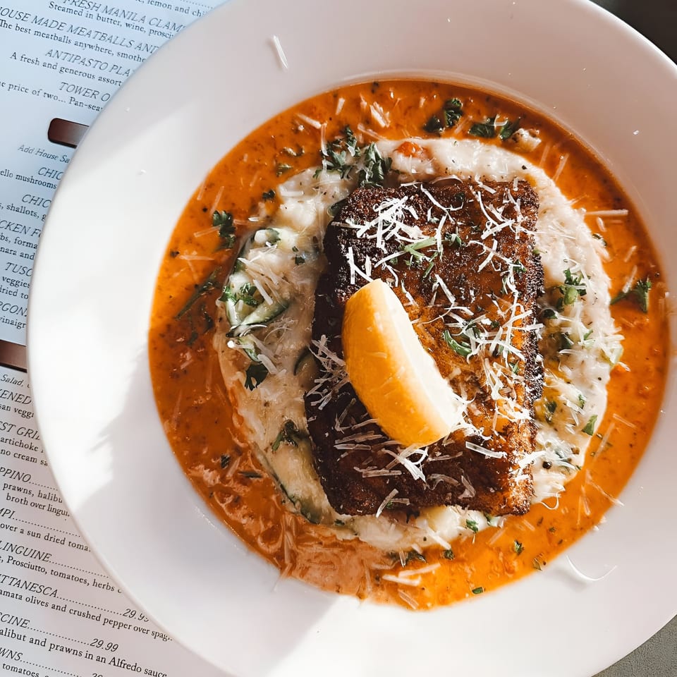 Italian Kitchen's pan-seared fish with risotto, red sauce, parmesan, and a lemon wedge.