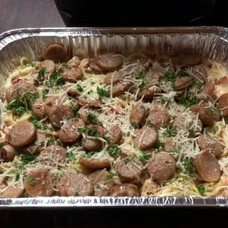 Spaghetti and Sausage Carbonara Pan. Serves 6-8 ppl