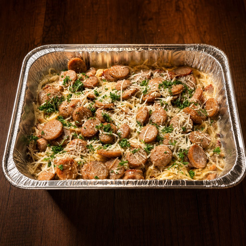 Spaghetti and Sausage Carbonara Pan. Serves 6-8 ppl.